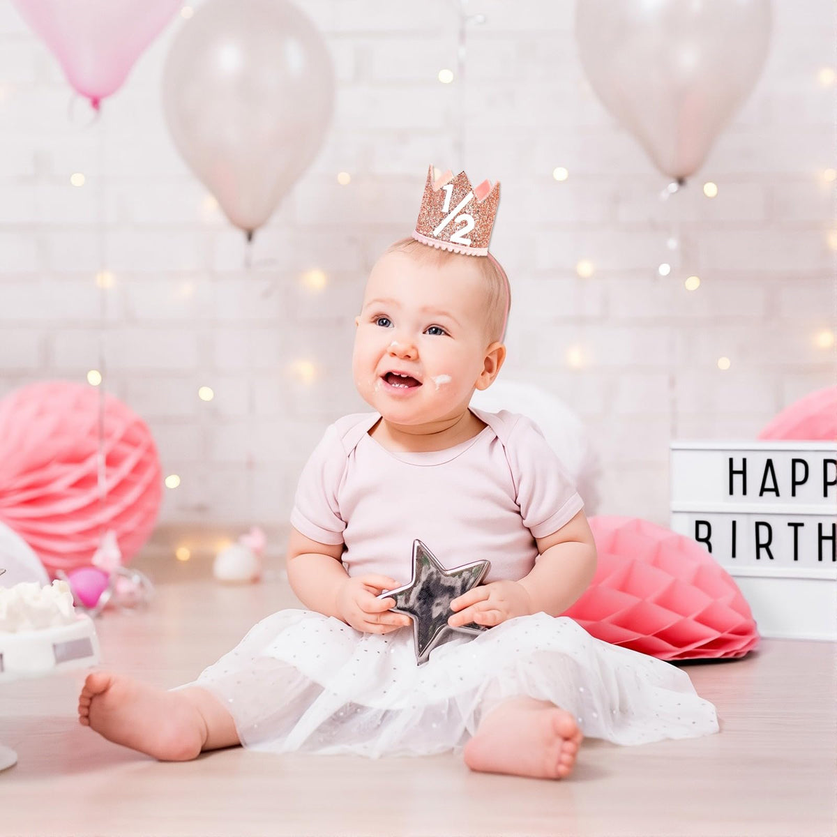 HRXMS 1/2 Birthday Girl Crown - Pink & Rose Gold Half Birthday Hat (6-12M)
