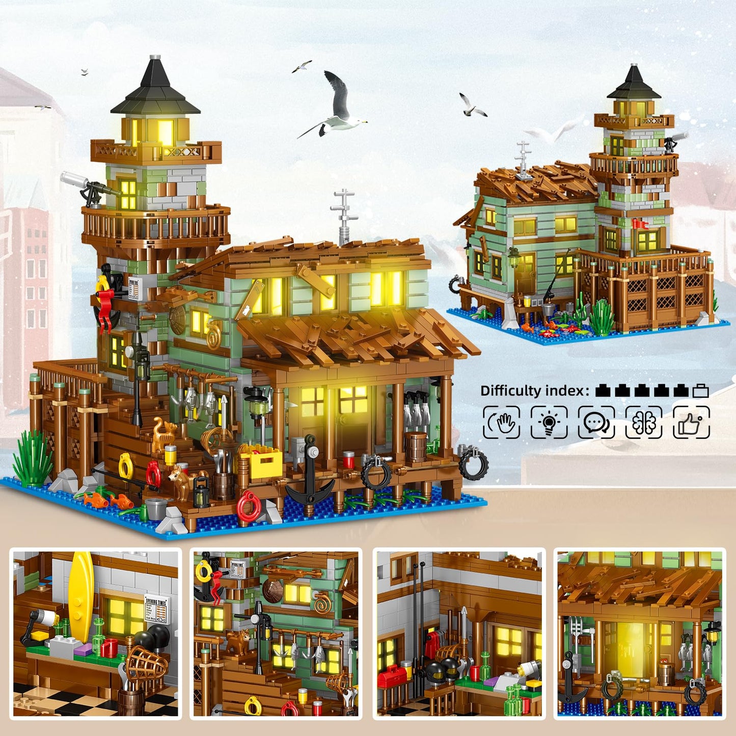 HSANHE Fishing Village Store House Building Kit – 1881 Pcs with LED Light