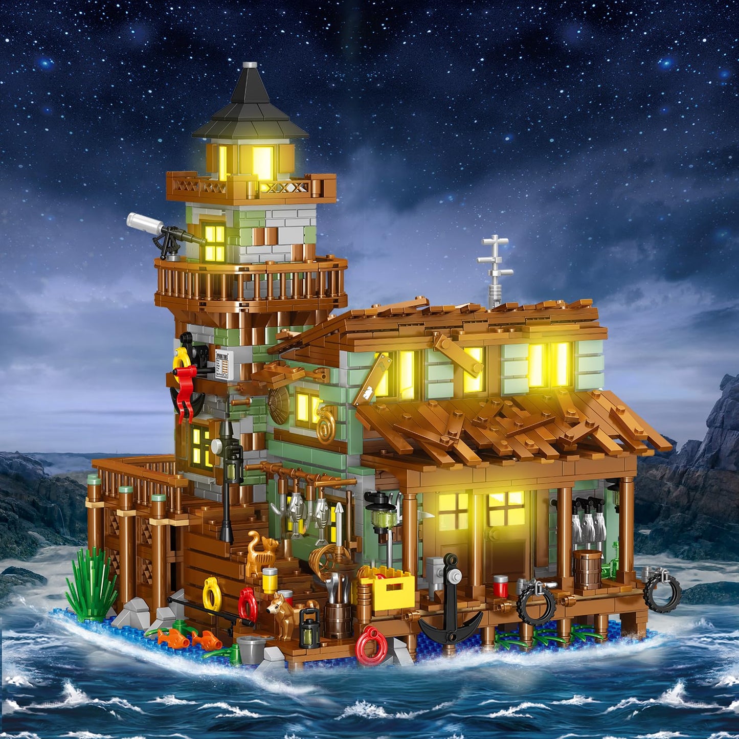 HSANHE Fishing Village Store House Building Kit – 1881 Pcs with LED Light
