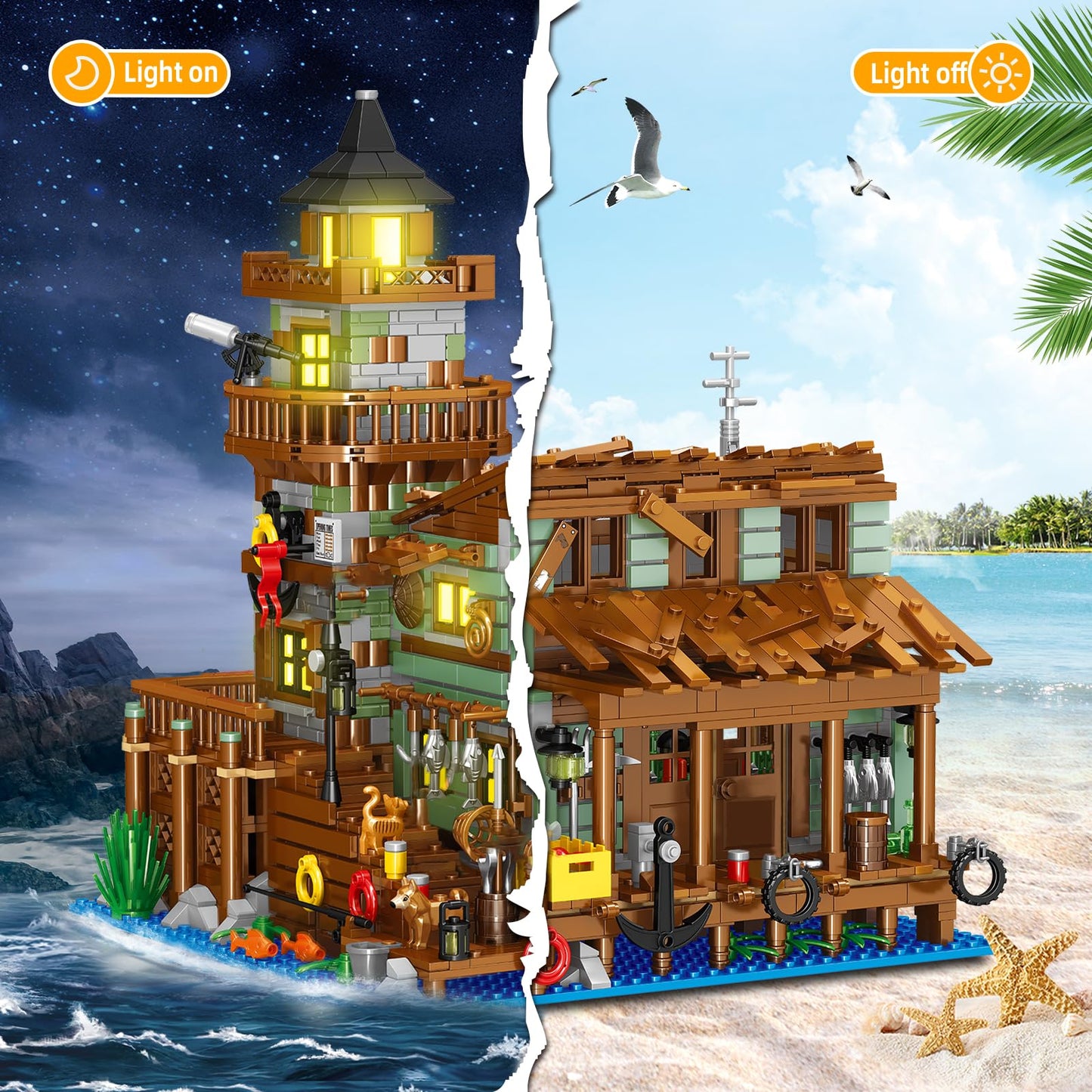 HSANHE Fishing Village Store House Building Kit – 1881 Pcs with LED Light