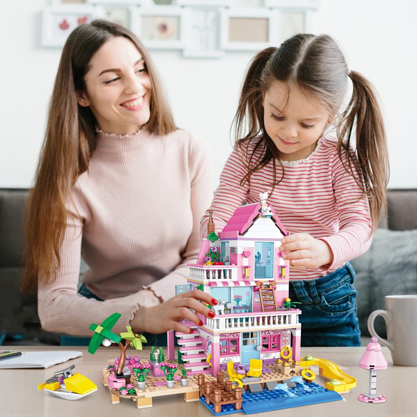 HSANHE Pink Girls Seaside Villa Building Set – 822 Pieces, Lego Friends Compatible