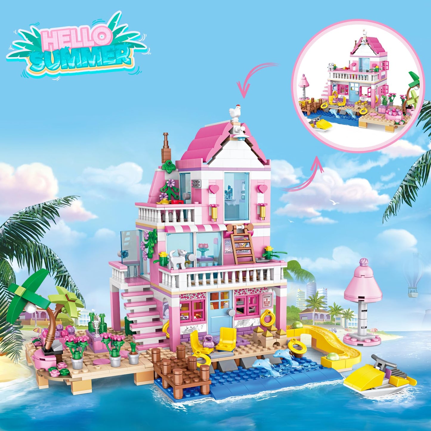 HSANHE Pink Girls Seaside Villa Building Set – 822 Pieces, Lego Friends Compatible