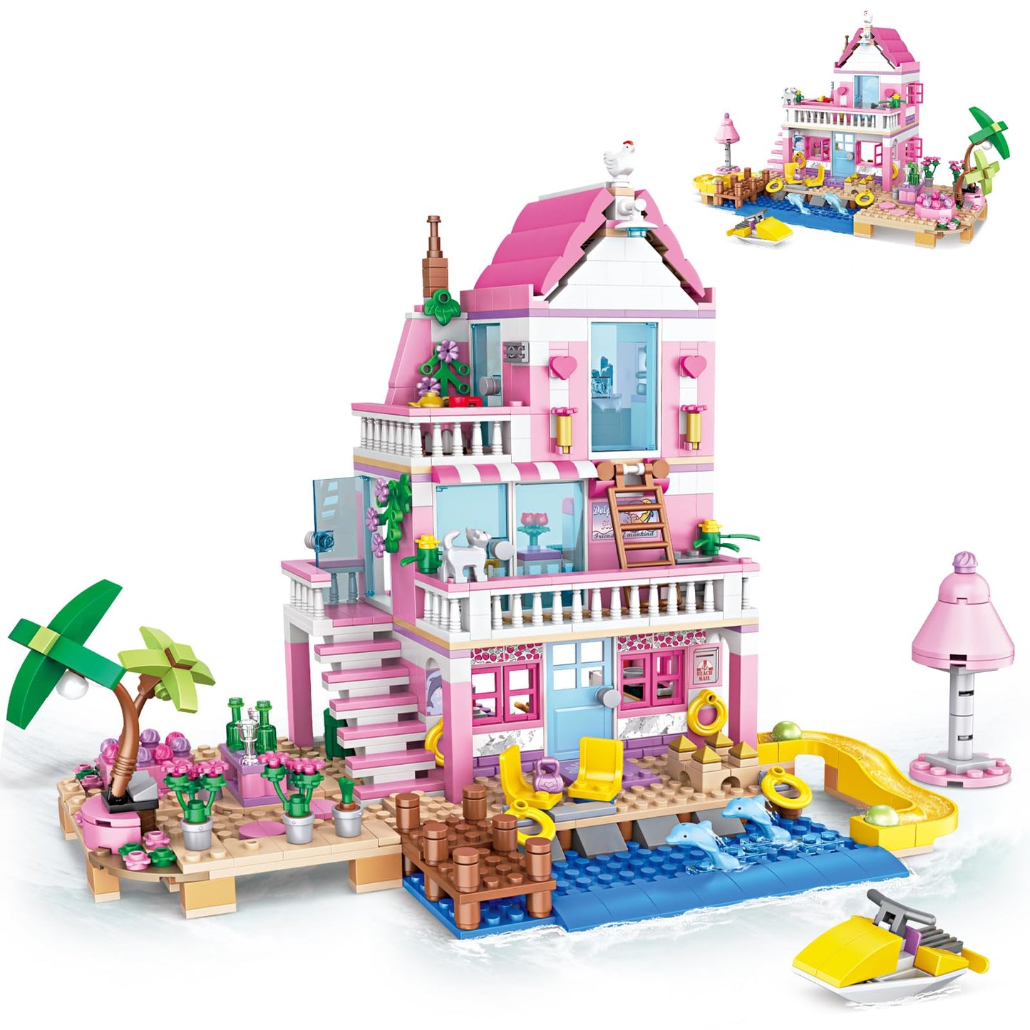 HSANHE Pink Girls Seaside Villa Building Set – 822 Pieces, Lego Friends Compatible