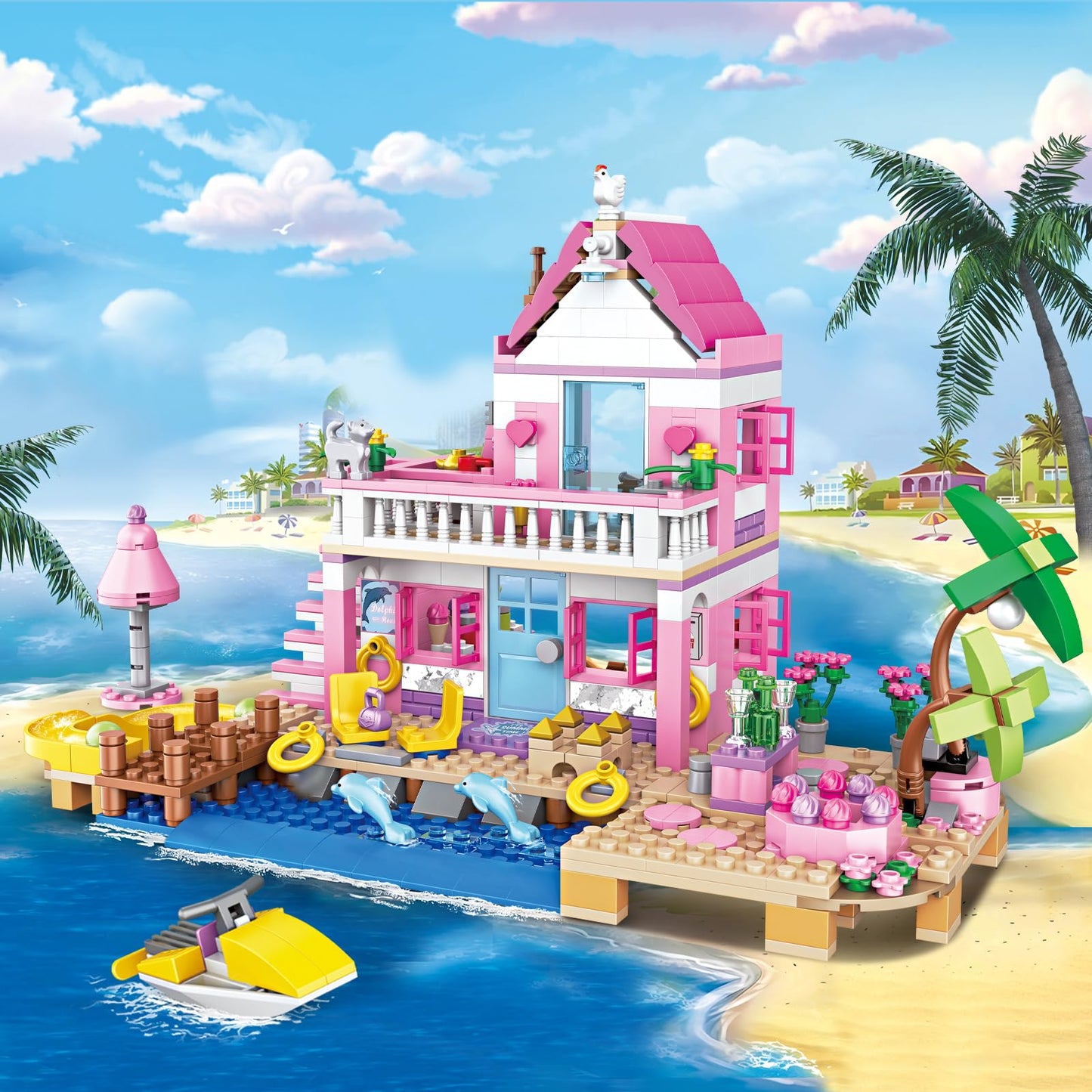 HSANHE Pink Girls Seaside Villa Building Set – 822 Pieces, Lego Friends Compatible
