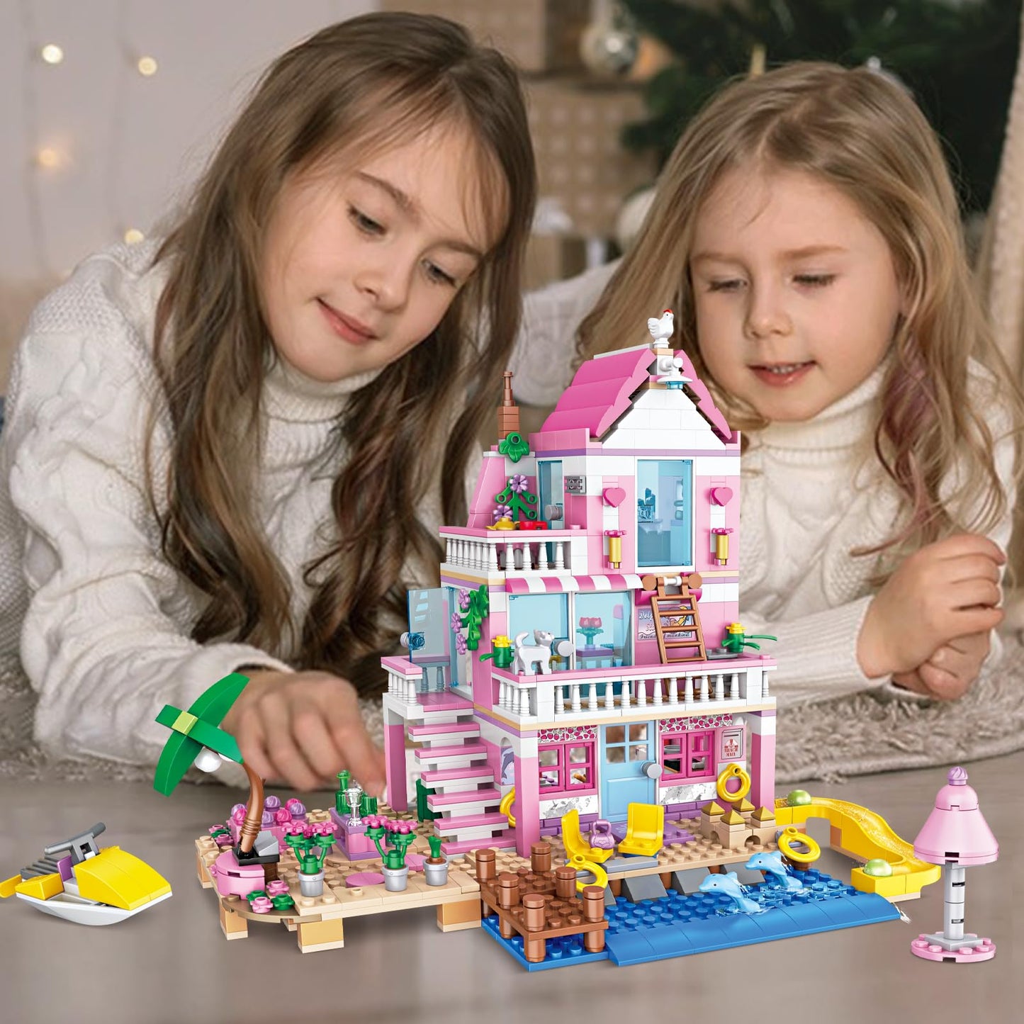 HSANHE Pink Girls Seaside Villa Building Set – 822 Pieces, Lego Friends Compatible