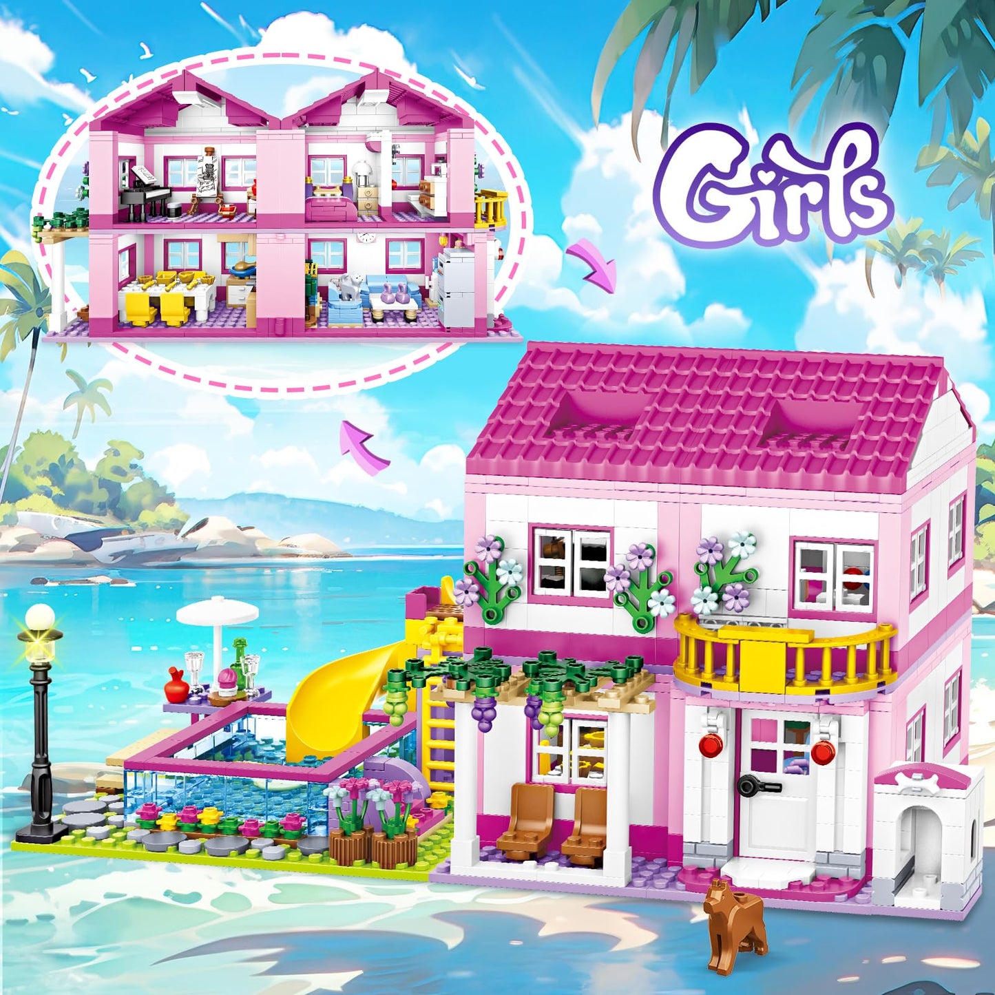 HSANHE Pink Girls Summer Villa Friends Building Set – 1018 PCS | Educational Toy for Ages 8+