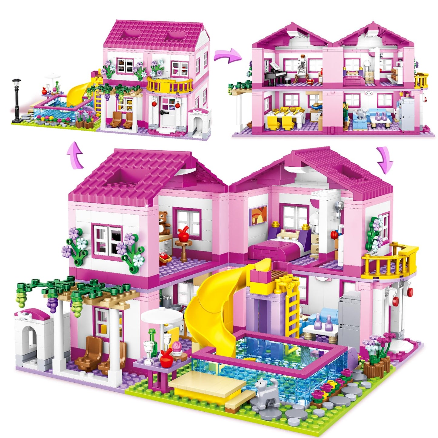 HSANHE Pink Girls Summer Villa Friends Building Set – 1018 PCS | Educational Toy for Ages 8+