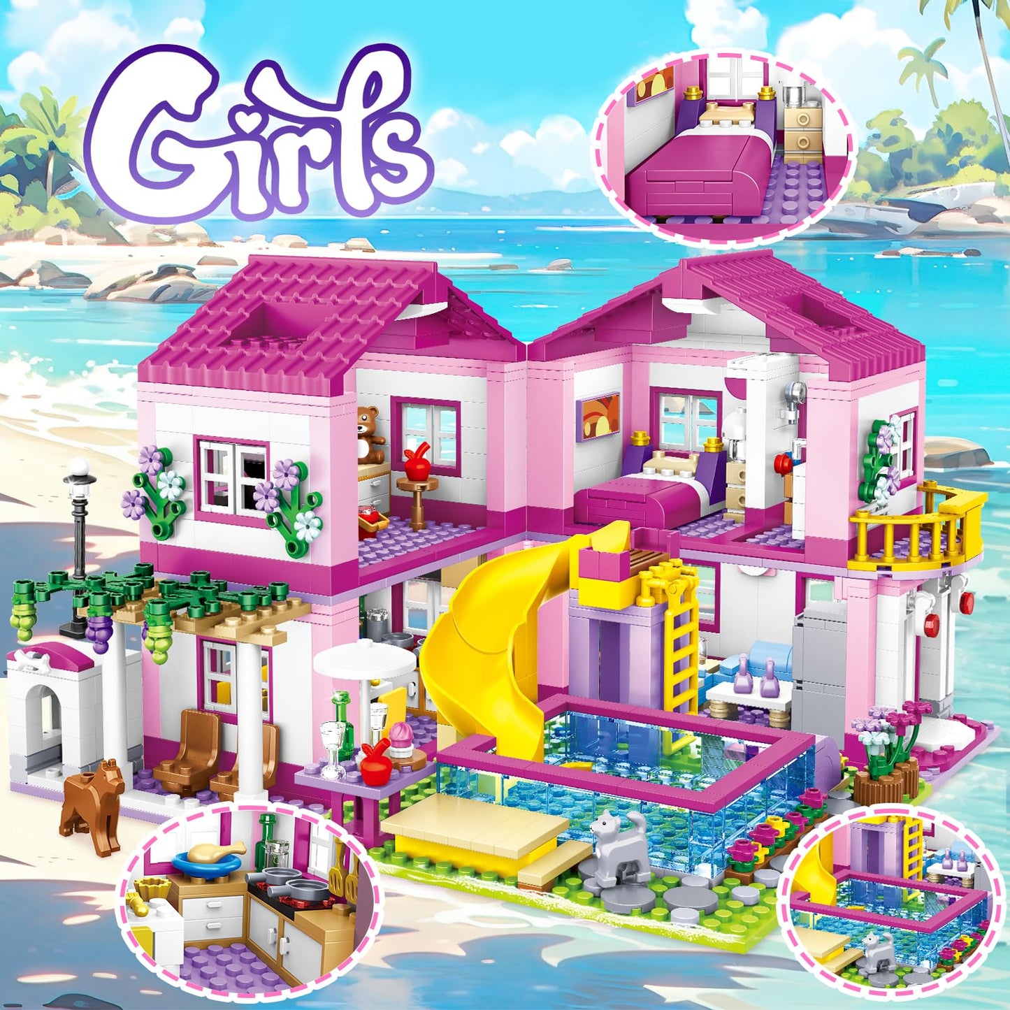 HSANHE Pink Girls Summer Villa Friends Building Set – 1018 PCS | Educational Toy for Ages 8+