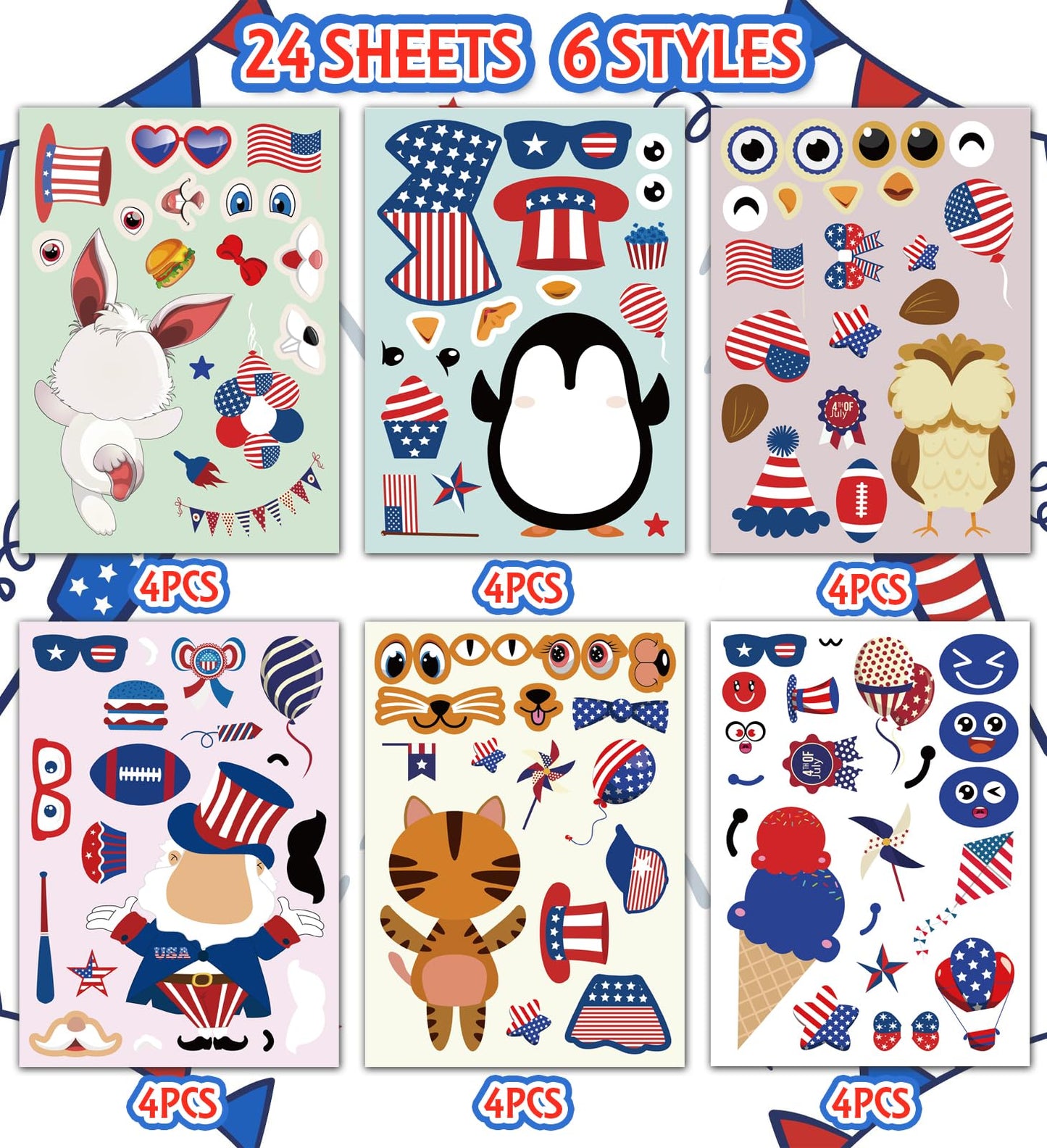 HSHFAMIIY 4th of July Accessories – Patriotic Stickers for Teens | Independence Day Decor (24 Sheets)