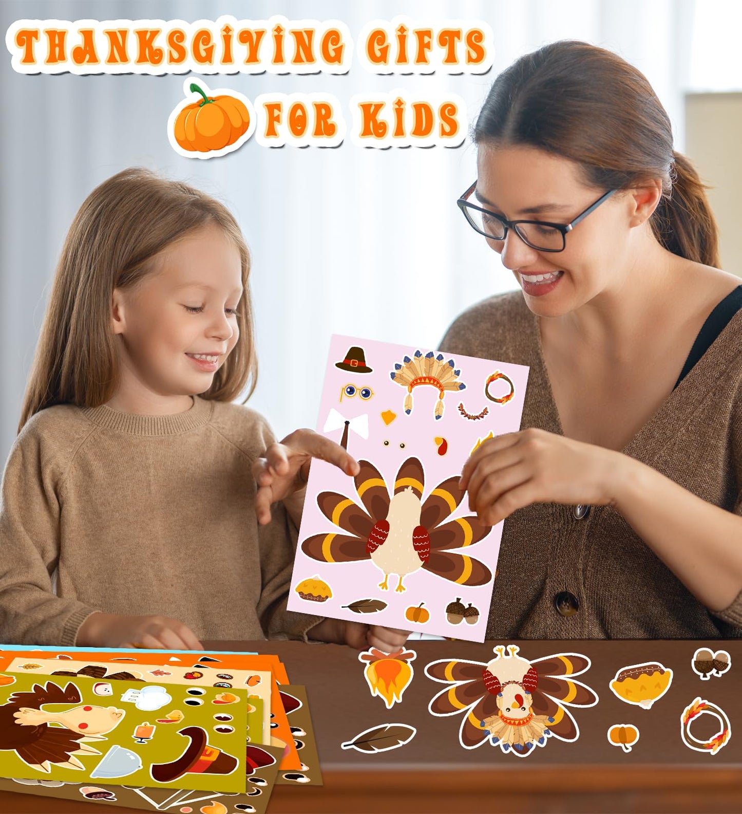 HSHFAMIIY Thanksgiving Stickers for Kids – DIY Turkey Face Crafts (24 Sheets)