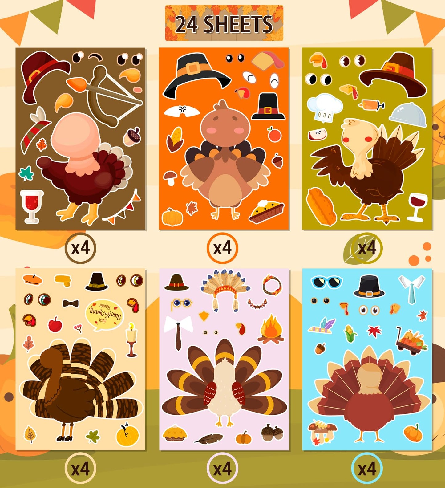 HSHFAMIIY Thanksgiving Stickers for Kids – DIY Turkey Face Crafts (24 Sheets)