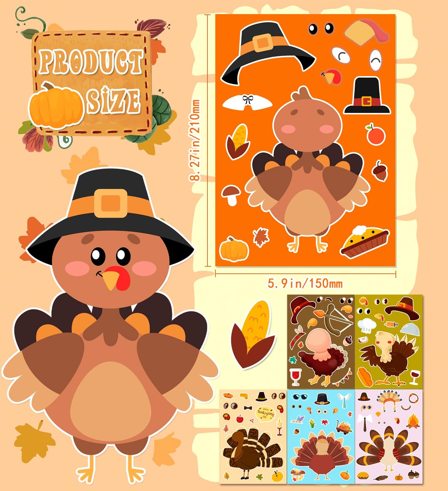 HSHFAMIIY Thanksgiving Stickers for Kids – DIY Turkey Face Crafts (24 Sheets)