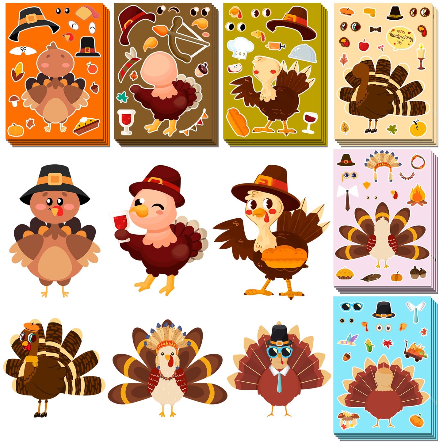HSHFAMIIY Thanksgiving Stickers for Kids – DIY Turkey Face Crafts (24 Sheets)
