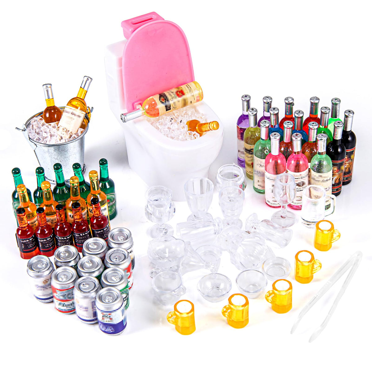 HSJH 71 Pcs Miniature Ice Cubes & Drink Bottles Set for 1/12 Scale Dollhouses