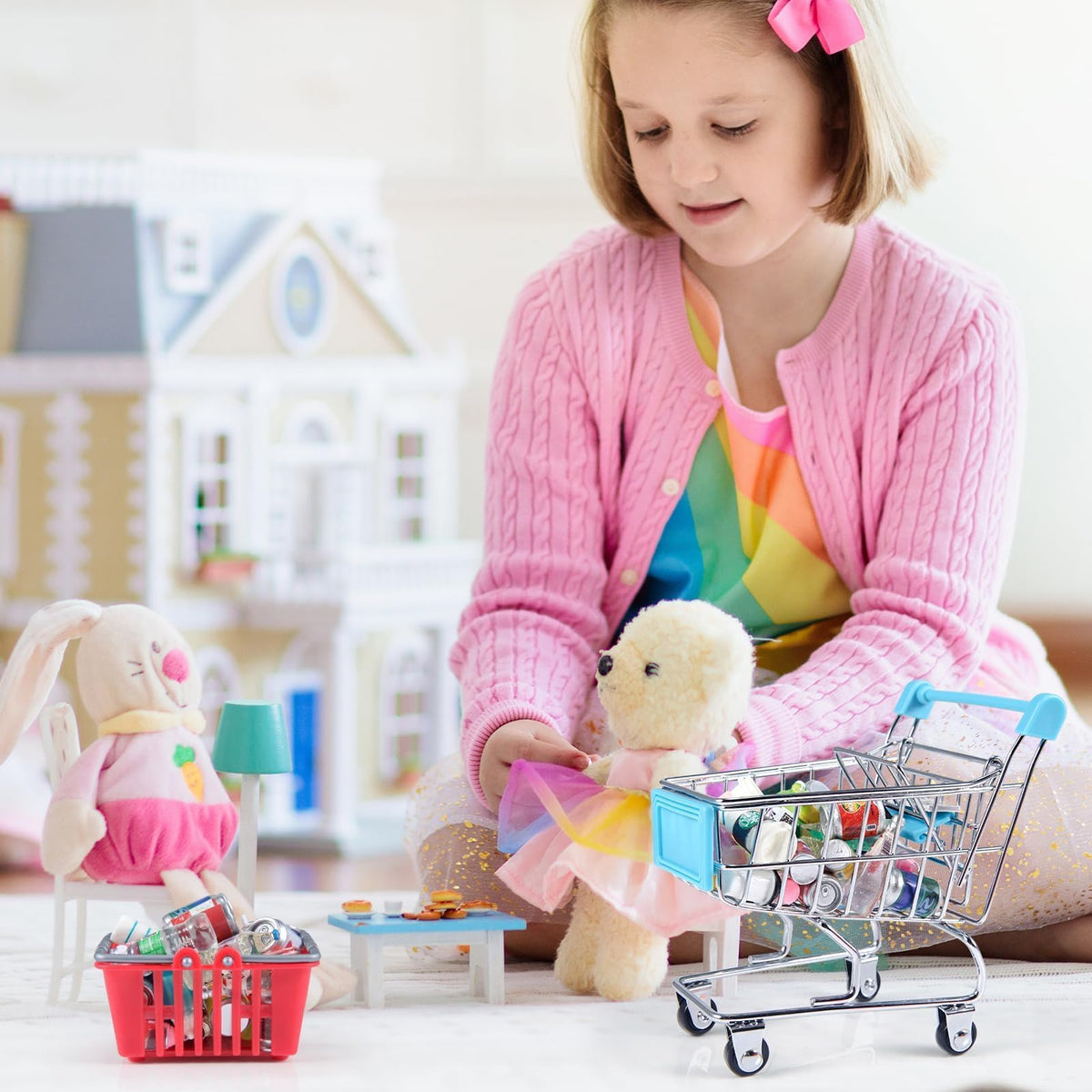HSJH 134pcs Mini Shopping Cart Set – Dollhouse Grocery & Accessories