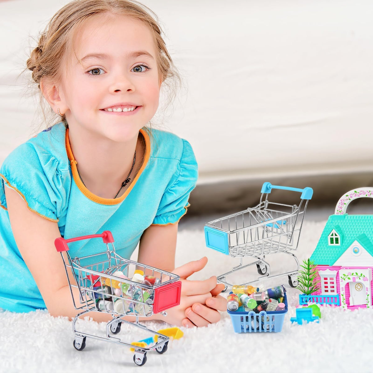 HSJH 134pcs Mini Shopping Cart Set – Dollhouse Grocery & Accessories