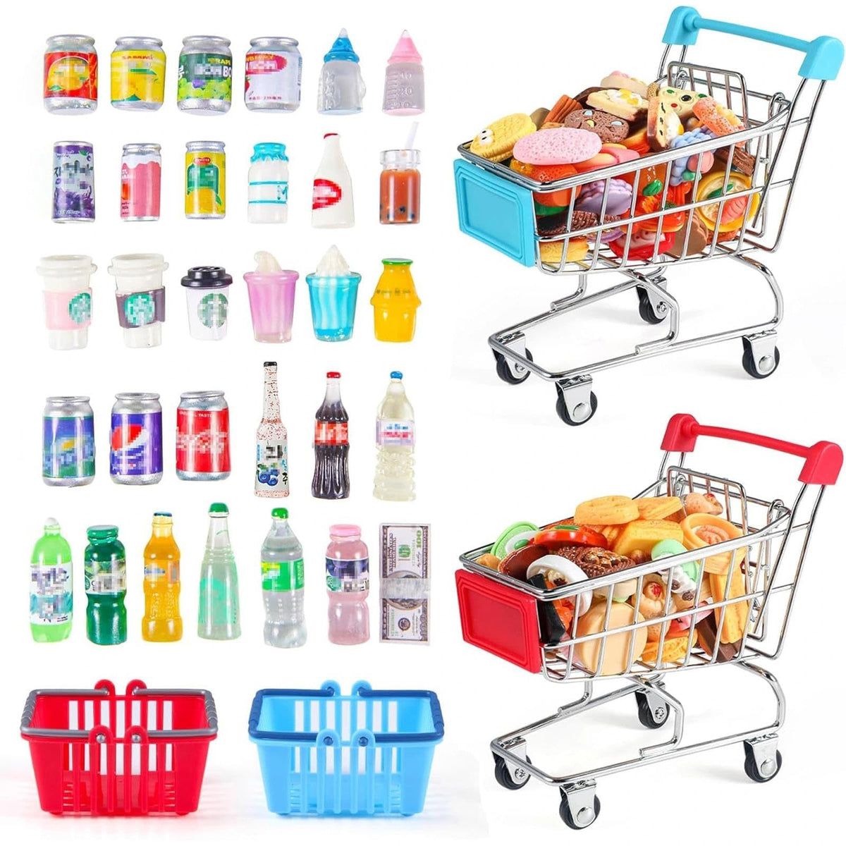 HSJH 134pcs Mini Shopping Cart Set – Dollhouse Grocery & Accessories