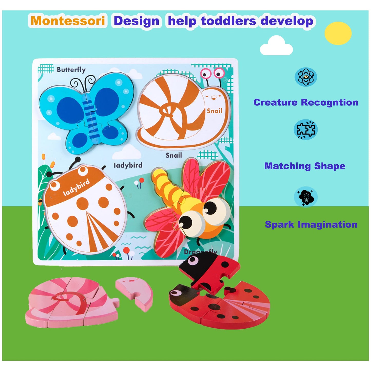HT HONOR Montessori Puzzle for Toddlers – Educational Wooden Creature Matching & Sorting (Ages 2-4)