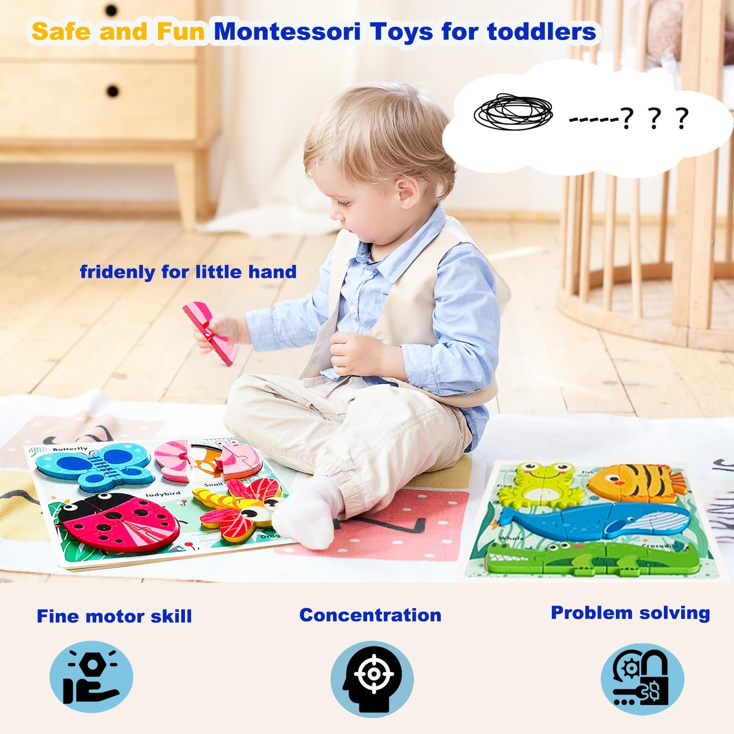 HT HONOR Montessori Puzzle for Toddlers – Educational Wooden Creature Matching & Sorting (Ages 2-4)