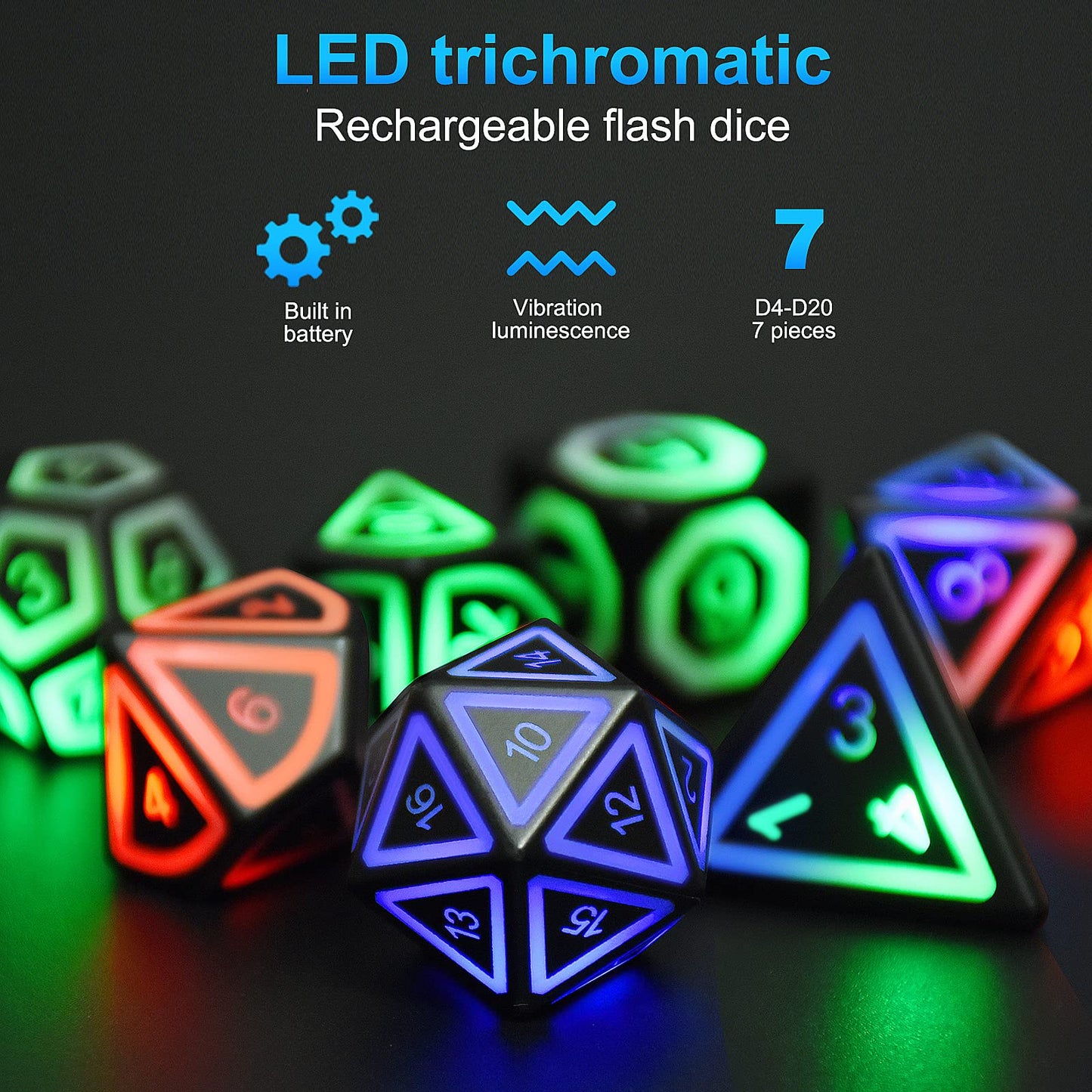 HTPOW LED DND Dice Set – 7 USB Rechargeable Glow Dice with Charging Box