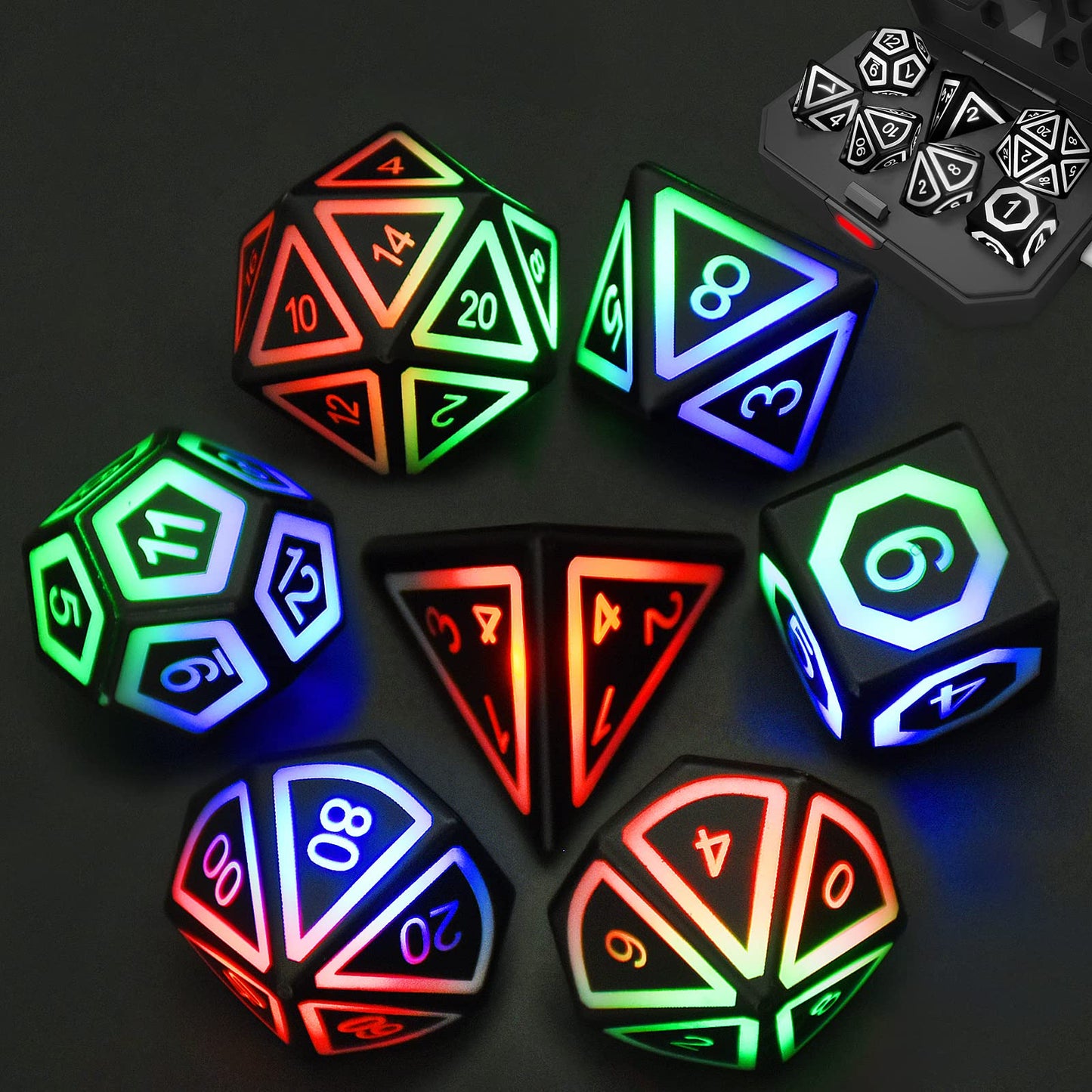 HTPOW LED DND Dice Set – 7 USB Rechargeable Glow Dice with Charging Box