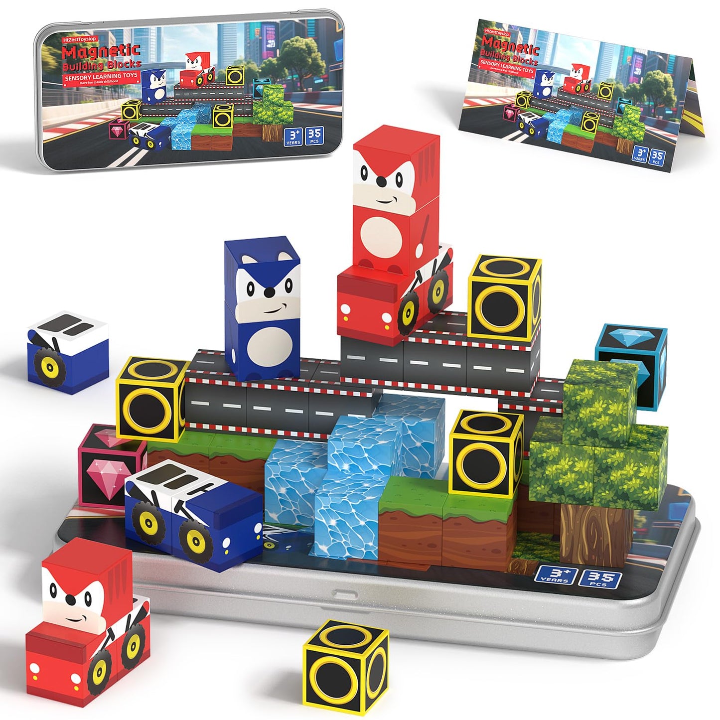 HtZestToysiop 35PCS Mini Magnetic Blocks — Portable Travel Set with Iron Box for Ages 3–8