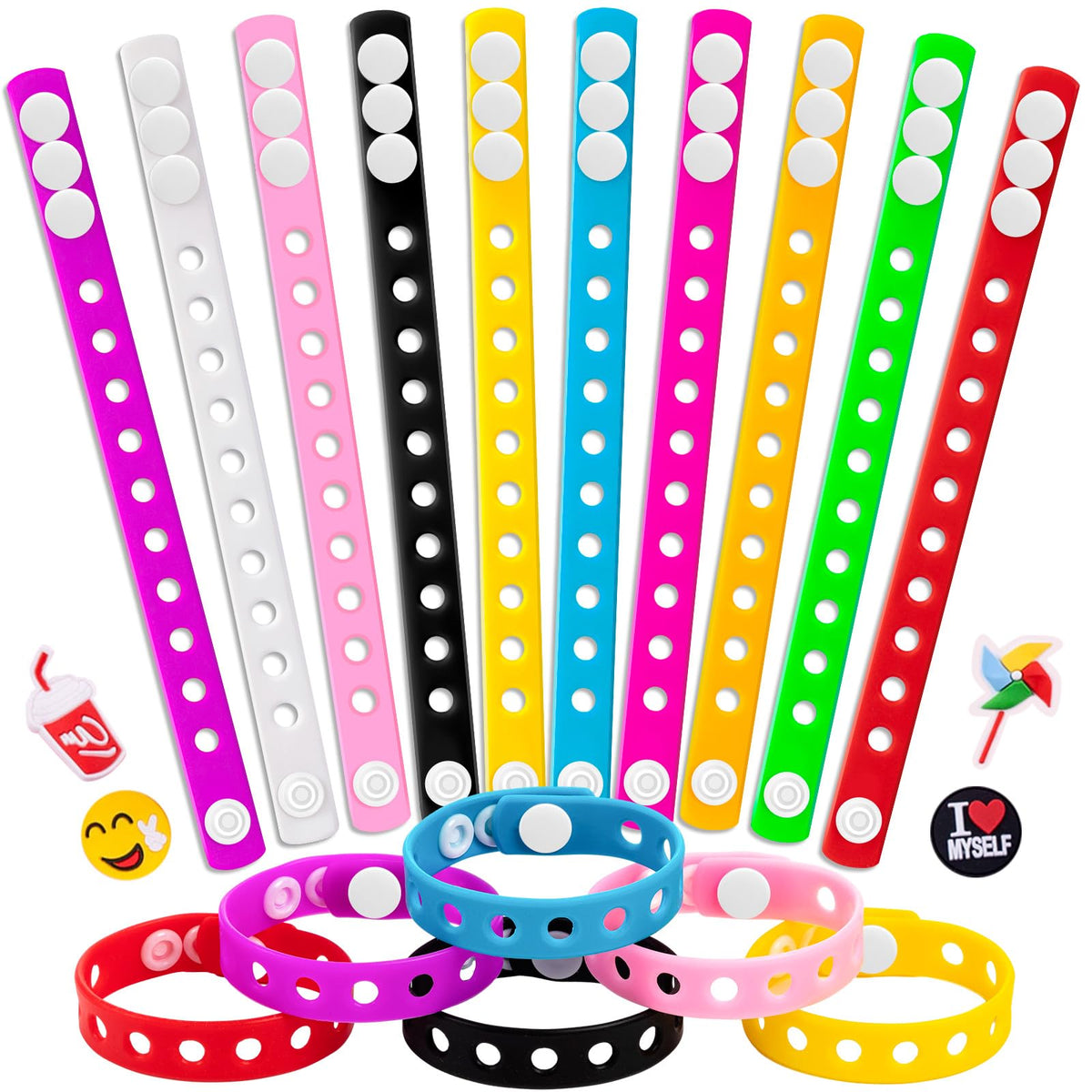 HTZNHXT 20 Pcs Silicone Charm Bracelets – Adjustable 8-Inch Kids Wristbands, Bulk Class Party Favors