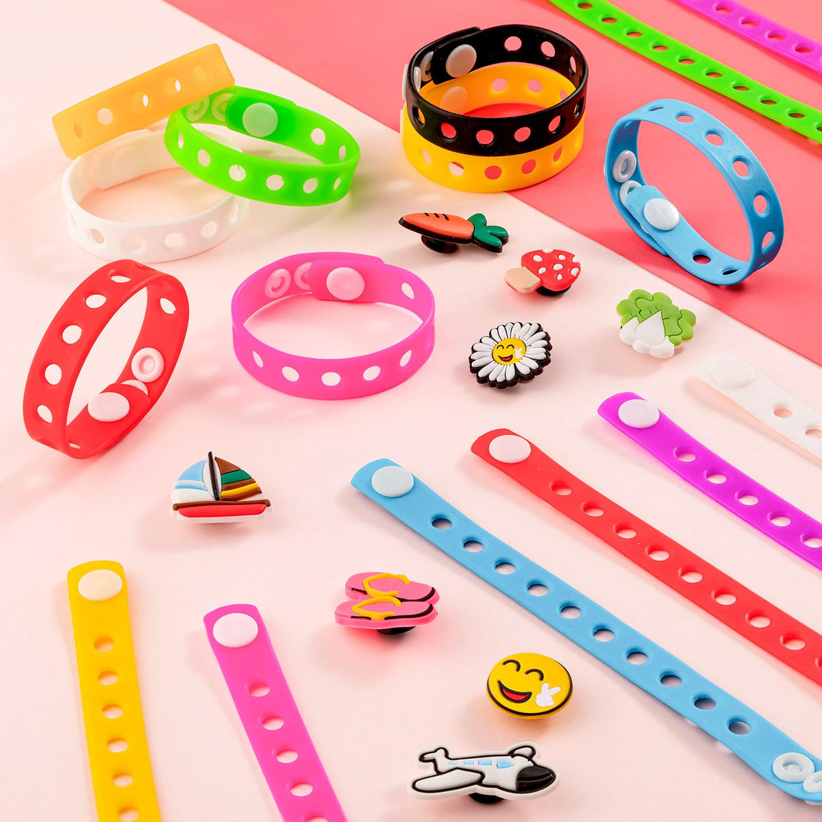 HTZNHXT 20 Pcs Silicone Charm Bracelets – Adjustable 8-Inch Kids Wristbands, Bulk Class Party Favors