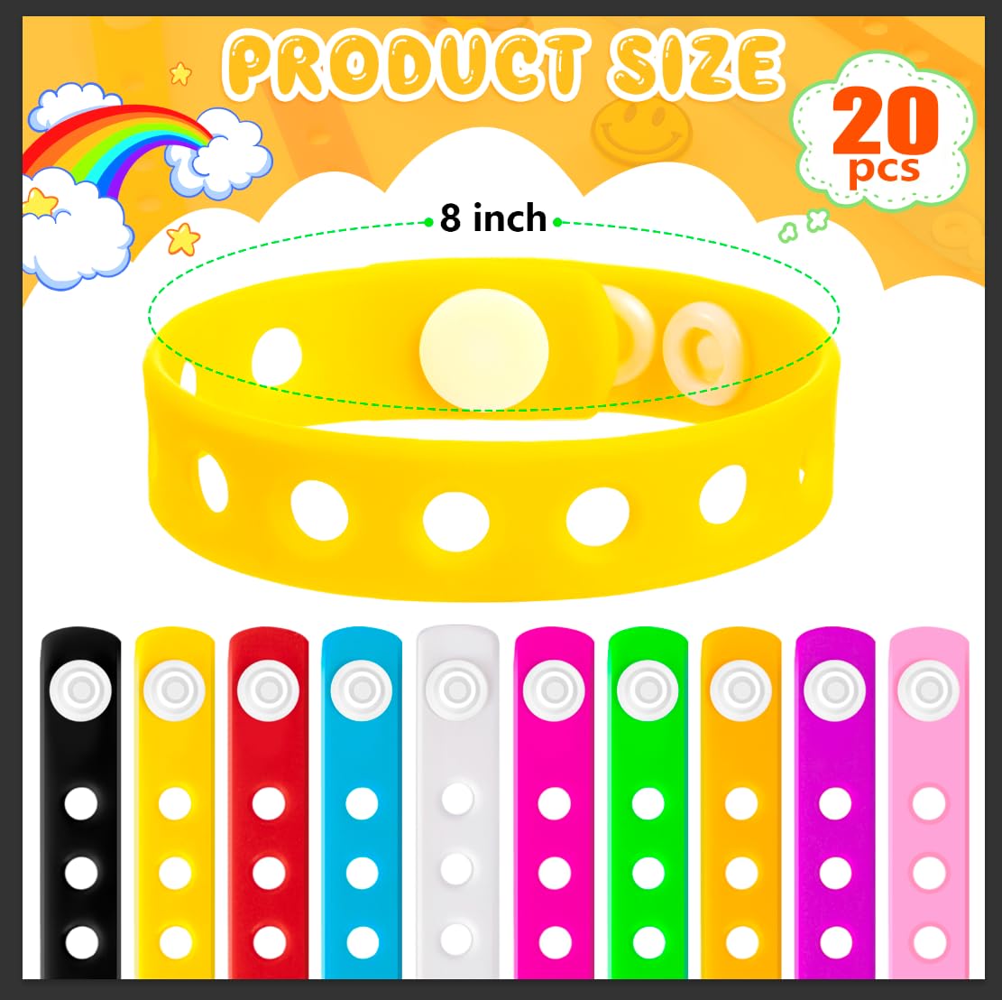 HTZNHXT 20 Pcs Silicone Charm Bracelets – Adjustable 8-Inch Kids Wristbands, Bulk Class Party Favors