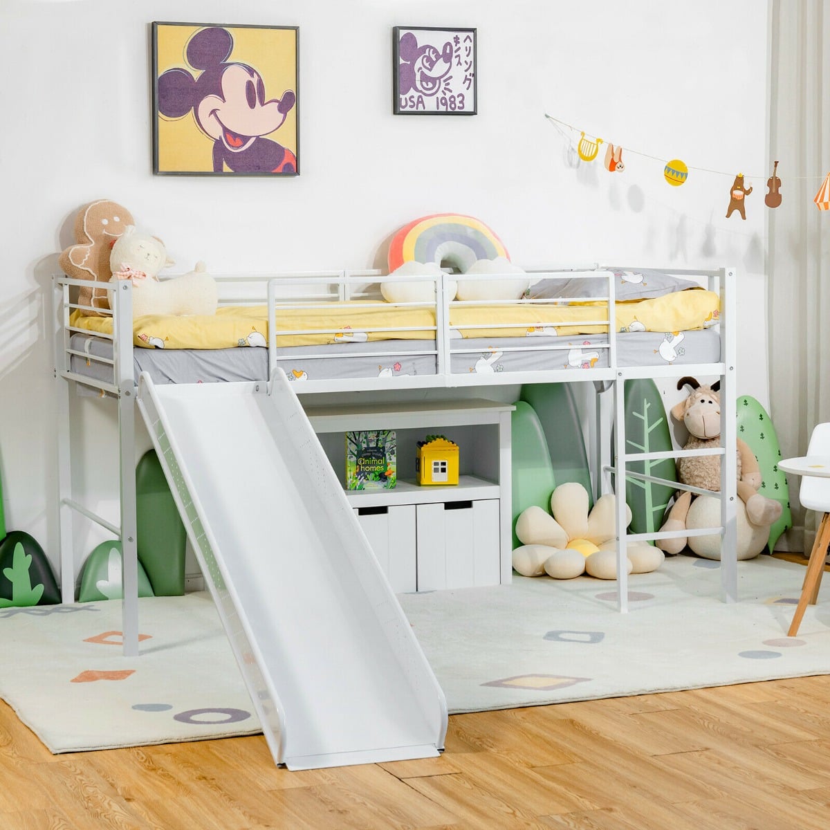 Sliding Loft Children Single Bed with Stairs and Safety Guardrails-Black