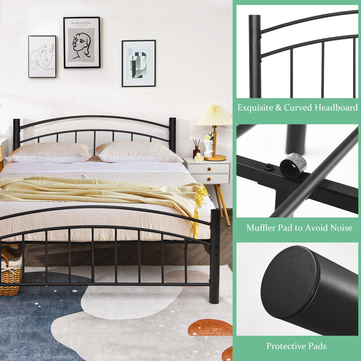 Metal Bed Frame Platform Bed with Headboard for Bedroom-Queen size