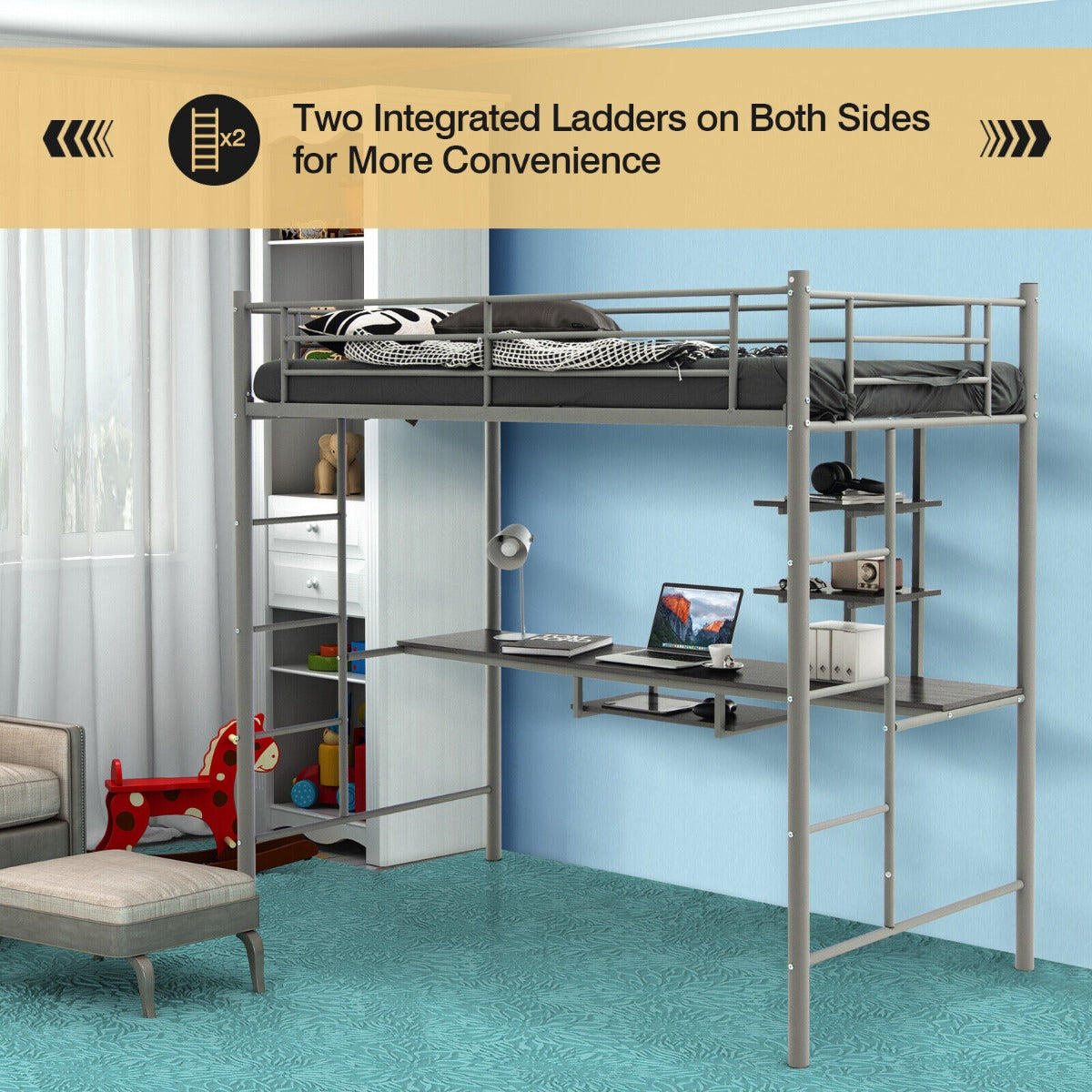 Metal Bunk Bed Frame High Sleeper with Desk and Storage Shelves-Black