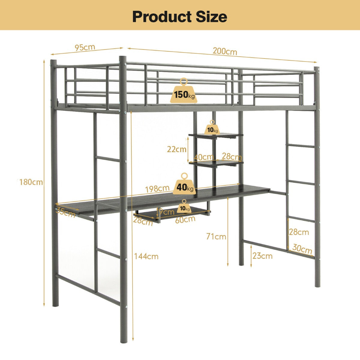 Metal Bunk Bed Frame High Sleeper with Desk and Storage Shelves-Black
