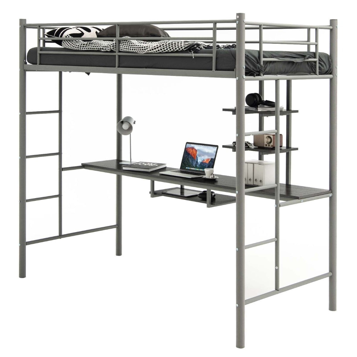 Metal Bunk Bed Frame High Sleeper with Desk and Storage Shelves-Black