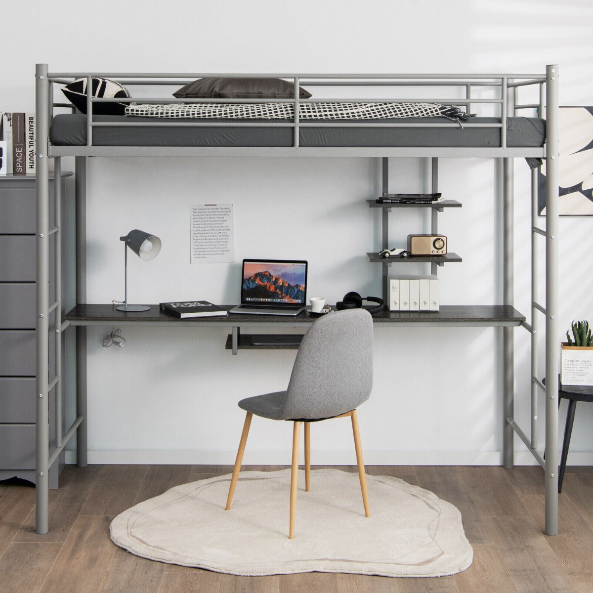 Metal Bunk Bed Frame High Sleeper with Desk and Storage Shelves-Black