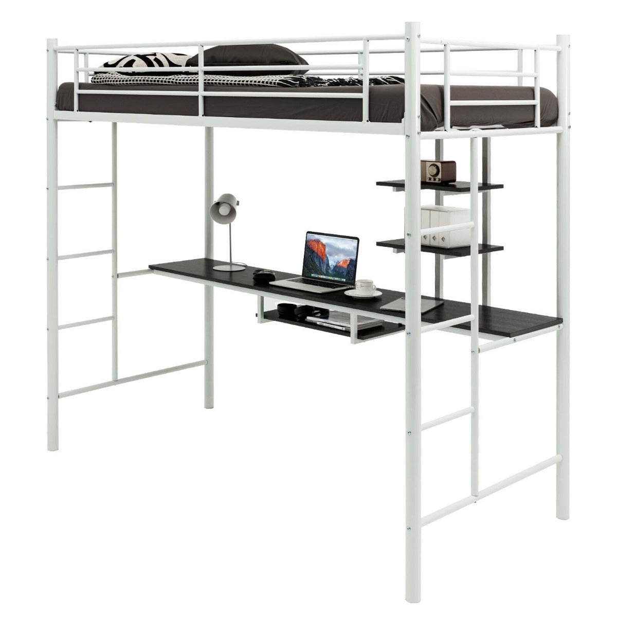 Metal Bunk Bed Frame High Sleeper with Desk and Storage Shelves-Black