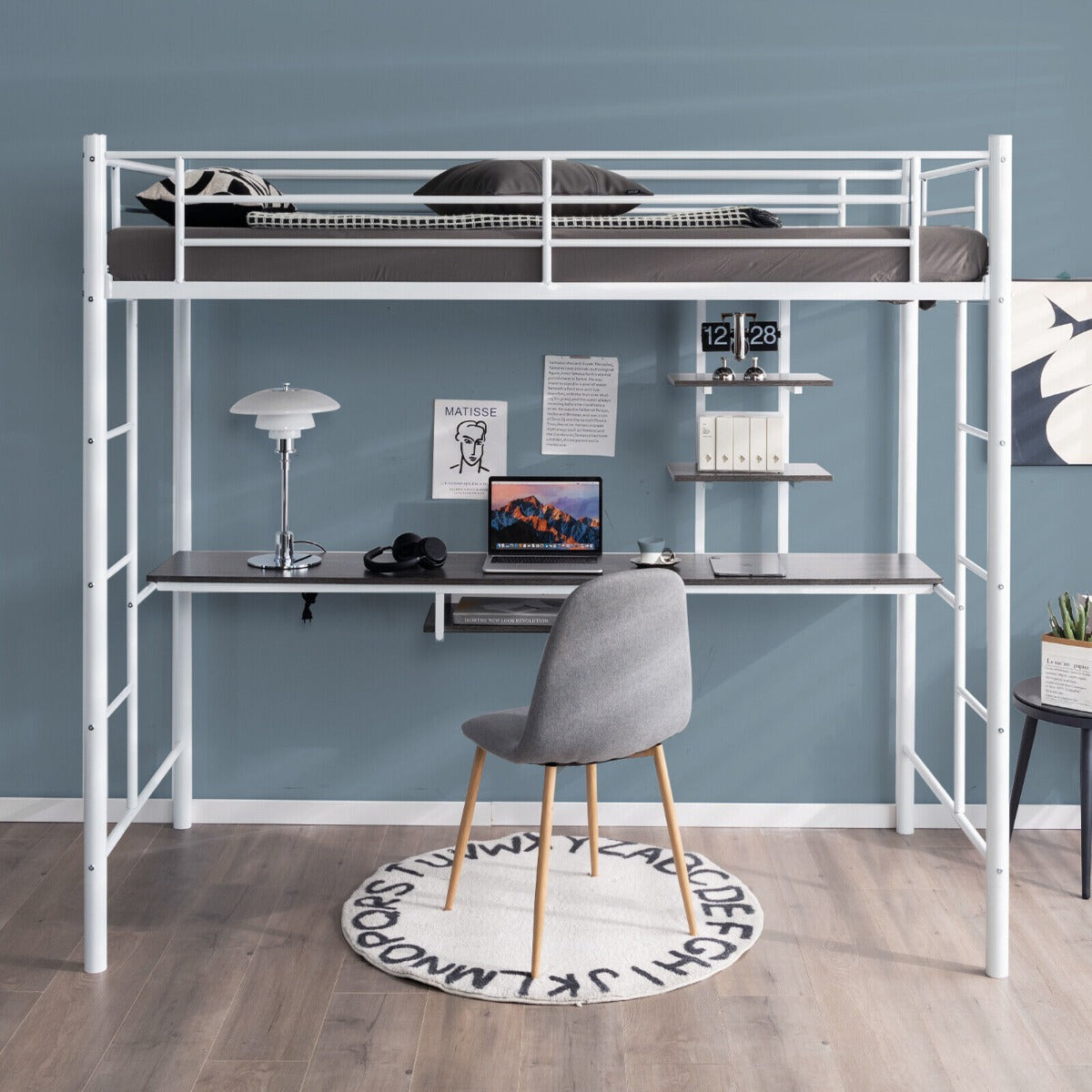 Metal Bunk Bed Frame High Sleeper with Desk and Storage Shelves-Black