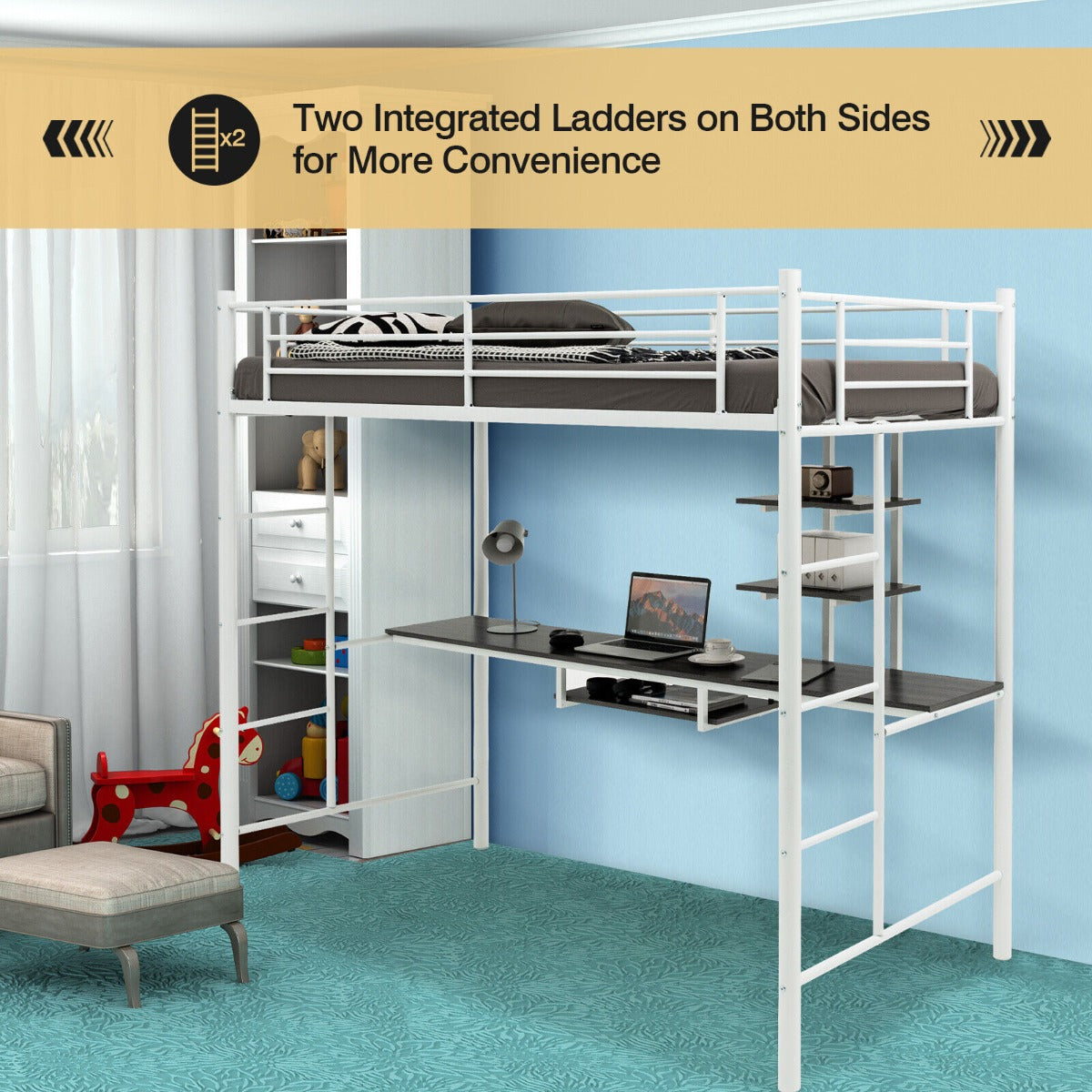 Metal Bunk Bed Frame High Sleeper with Desk and Storage Shelves-Black