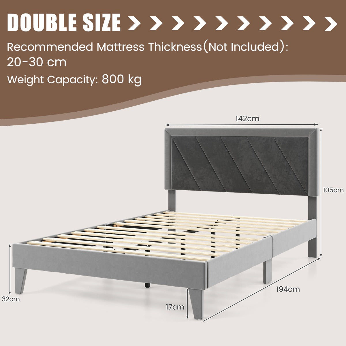 Single/Double Platform Bed with High Headboard &12 Wooden Slats-Double Size
