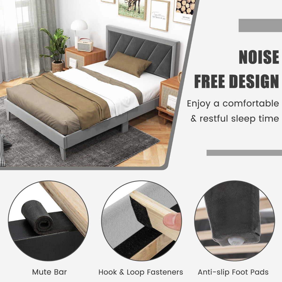 Single/Double Platform Bed with High Headboard &12 Wooden Slats-Double Size