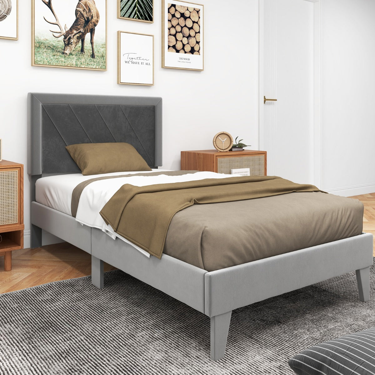 Single/Double Platform Bed with High Headboard &12 Wooden Slats-Double Size