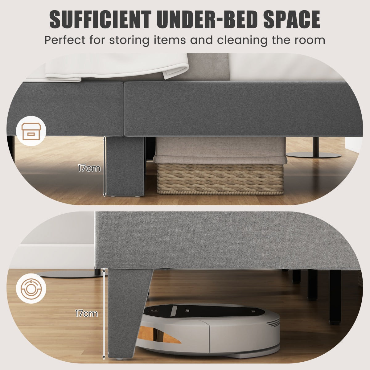 Single/Double Platform Bed with High Headboard &12 Wooden Slats-Double Size