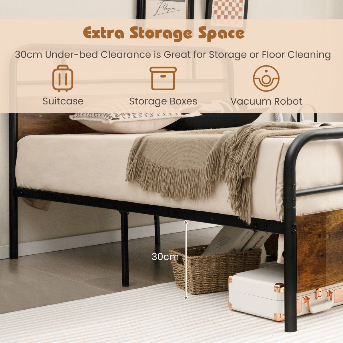 Single/Double/King Bed Frame with Industrial Headboard-Double Size
