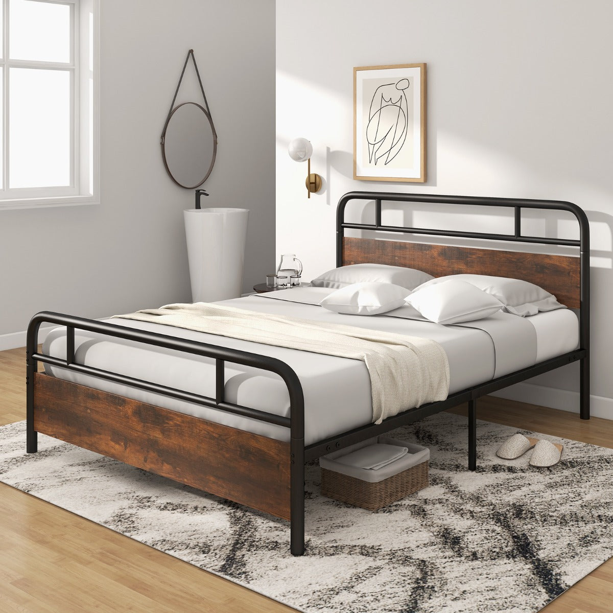 Single/Double/King Bed Frame with Industrial Headboard-Double Size