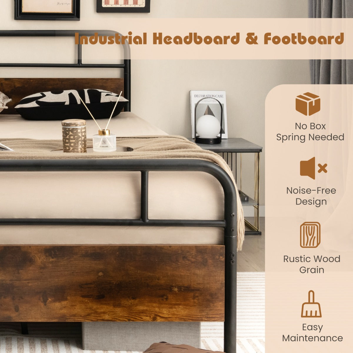 Single/Double/King Bed Frame with Industrial Headboard-Double Size