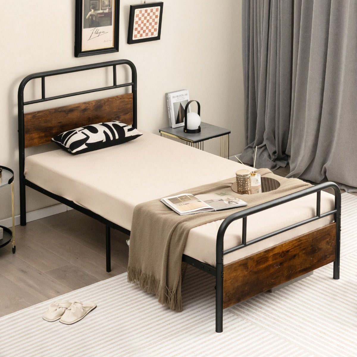 Single/Double/King Bed Frame with Industrial Headboard-Double Size