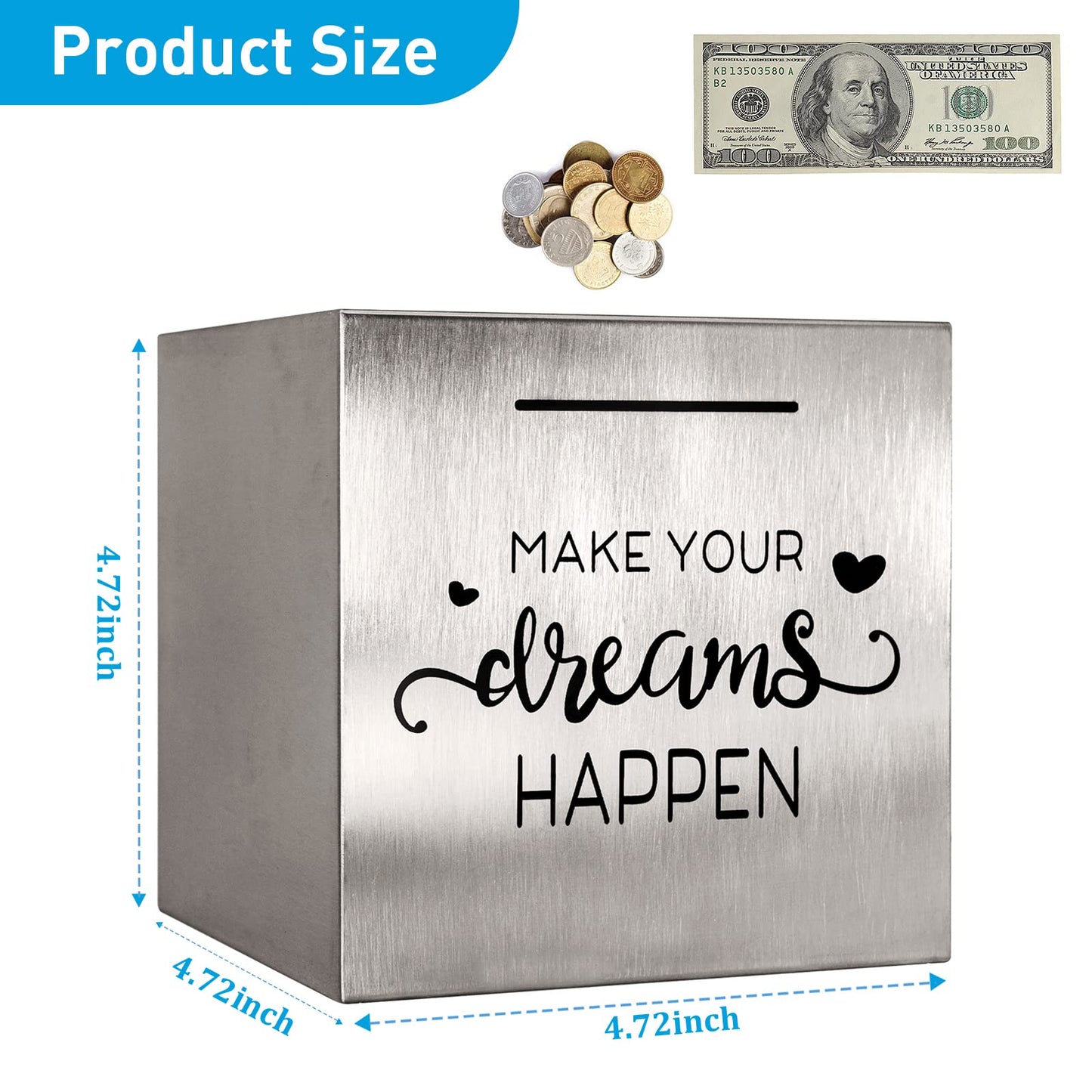HuaArt Stainless Steel Piggy Bank – 4.72 inch Silvery, Sealed Savings for Adults