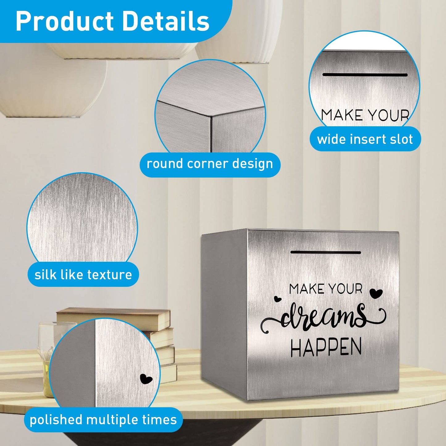 HuaArt Stainless Steel Piggy Bank – 4.72 inch Silvery, Sealed Savings for Adults