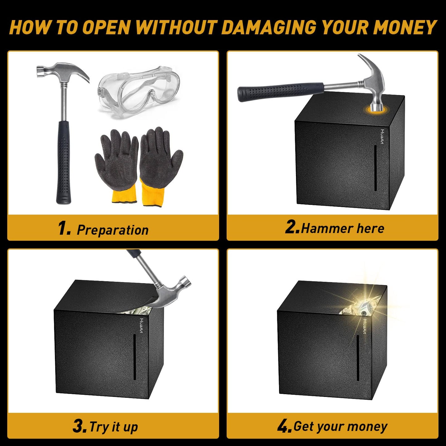 HuaArt Piggy Bank for Adults - Stainless Steel, Matte Black, Non-Openable Saving Box (4.72in)