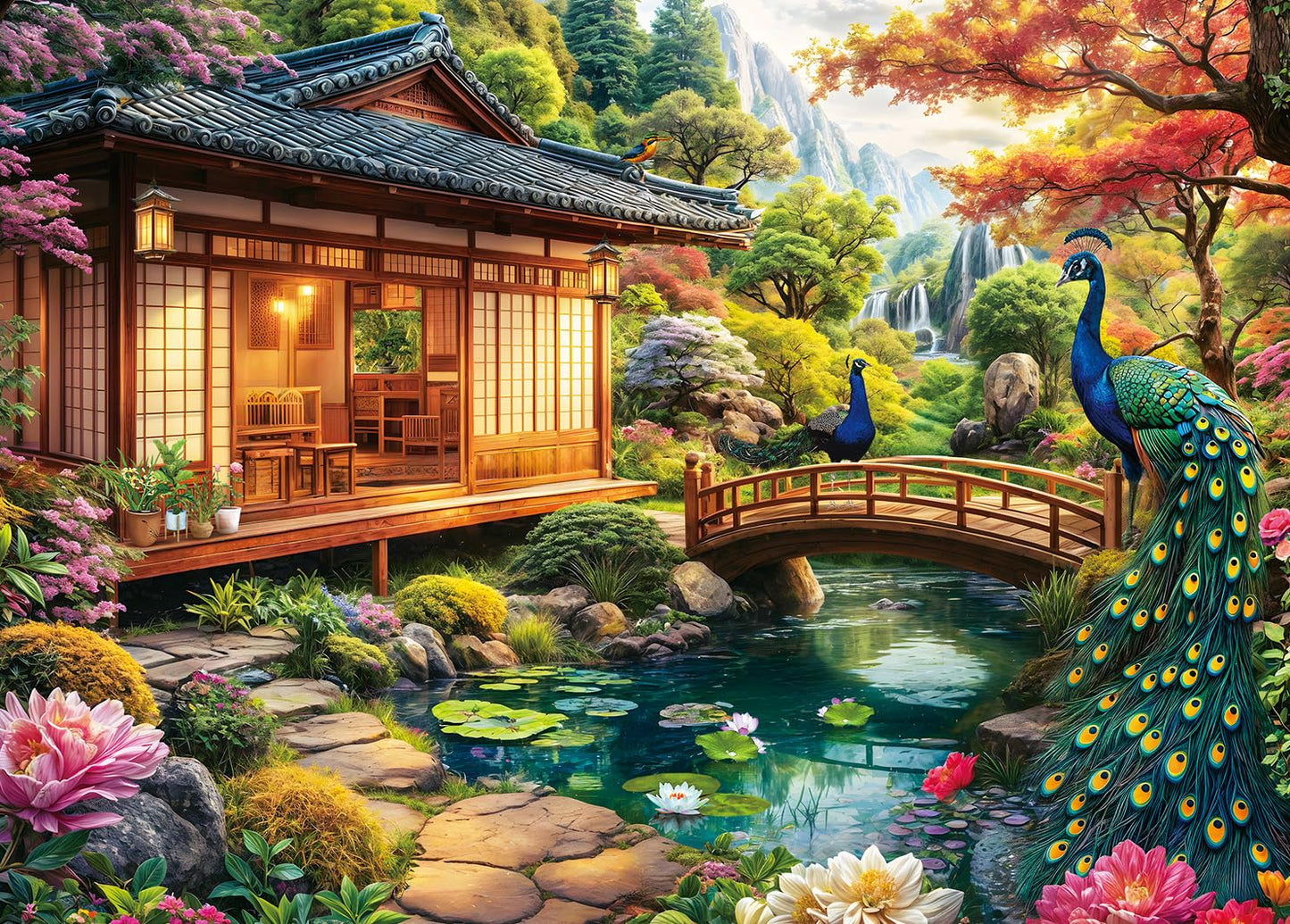 HUADADA 1000-Piece Puzzle: Traditional Japanese Garden with Peacocks | Colorful Jigsaw for Adults & Kids